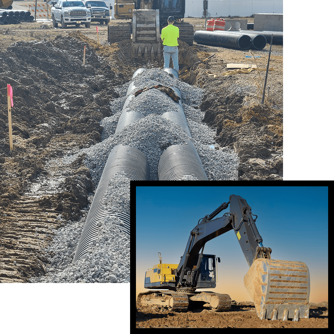 Construction worker near large drainage pipes
